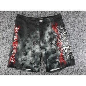 MMA Elite Board Shorts Mens XL Grey Black Skull Graphic Y2K Good Cross Print